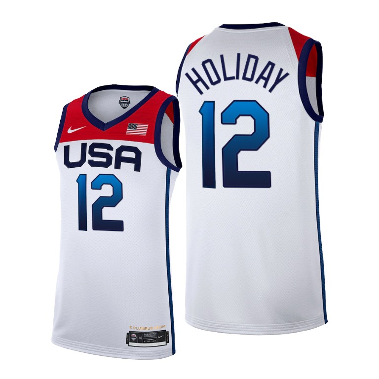 Men's USA Basketball #12 Jrue Holiday 2021 White Tokyo Olympics Stitched Home Jersey Men's USA Basketball #12 Jrue Holiday 2021 White Tokyo Olympics Stitched Home Jersey